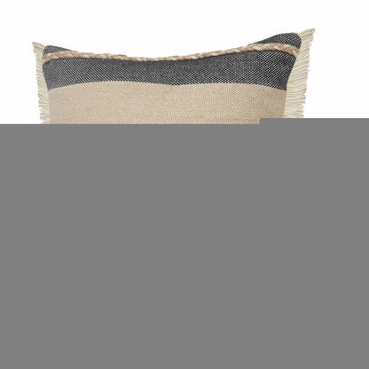 20" X 20" Beige And Ivory Jute Striped Zippered Pillow With Fringe