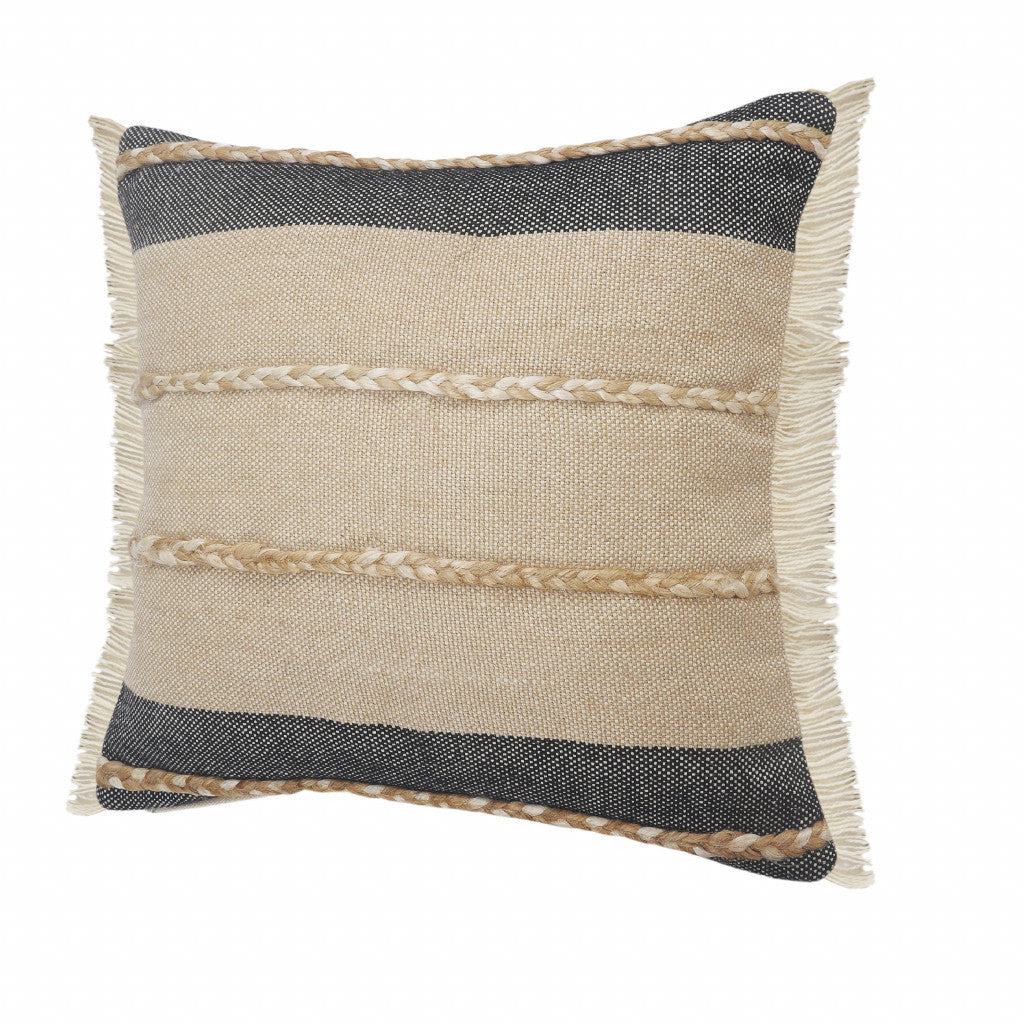 20" X 20" Beige And Ivory Jute Striped Zippered Pillow With Fringe