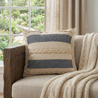 20" X 20" Denim Blue Tan And Taupe Jute Coastal Zippered Pillow