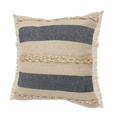 20" X 20" Denim Blue Tan And Taupe Jute Coastal Zippered Pillow