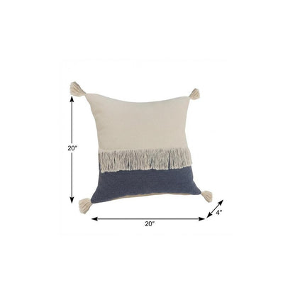 20" X 20" Denim Blue And Off-White 100% Cotton Zippered Pillow
