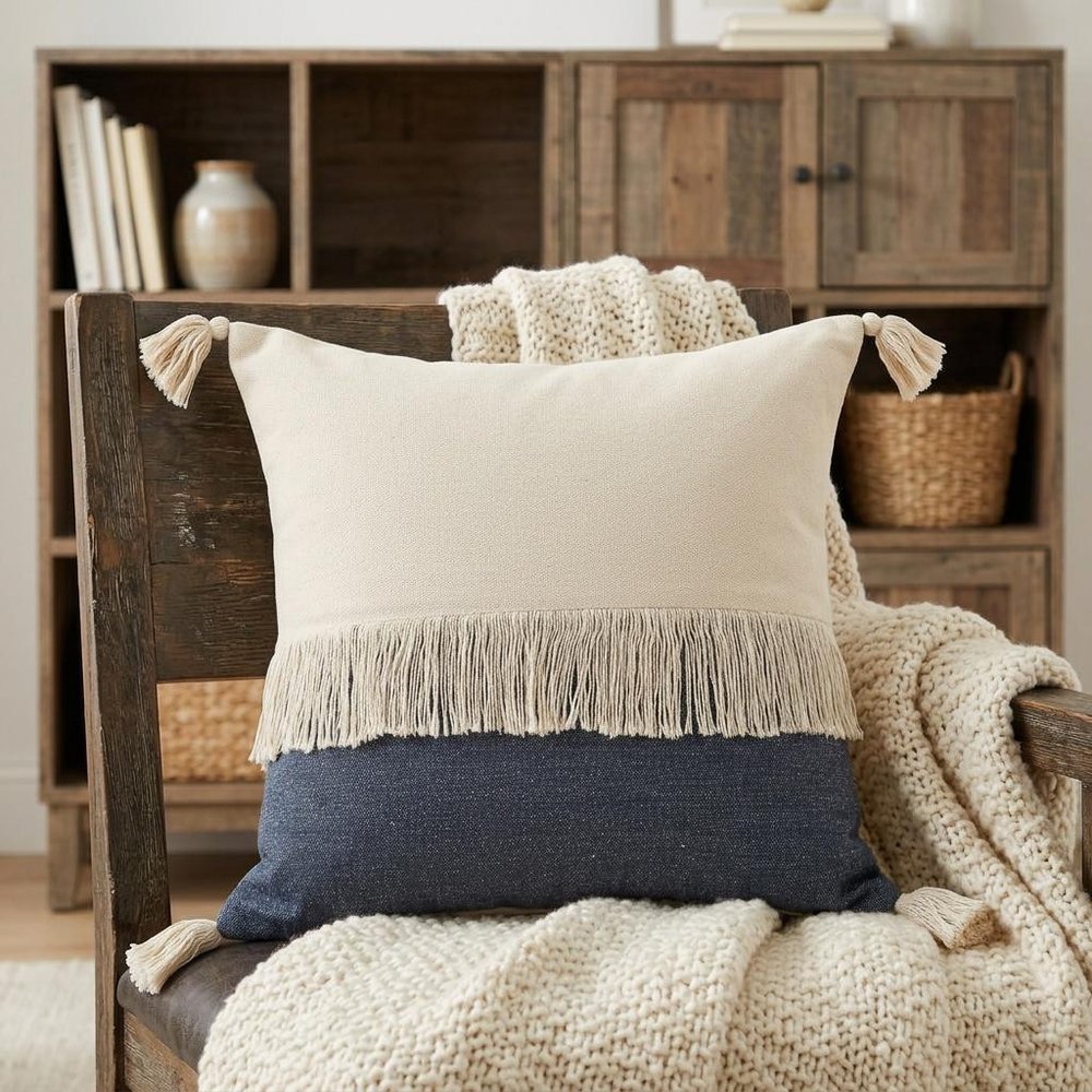 20" Emerald And White Cotton Color Block Throw Pillow with Fringe And Tassels