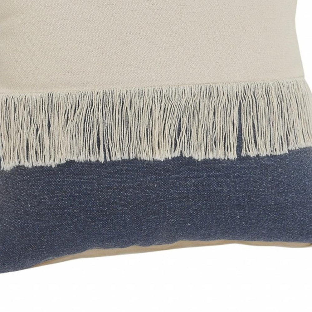 20" X 20" Denim Blue And Off-White 100% Cotton Zippered Pillow