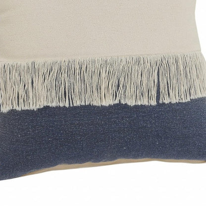 20" Emerald And White Cotton Color Block Throw Pillow with Fringe And Tassels