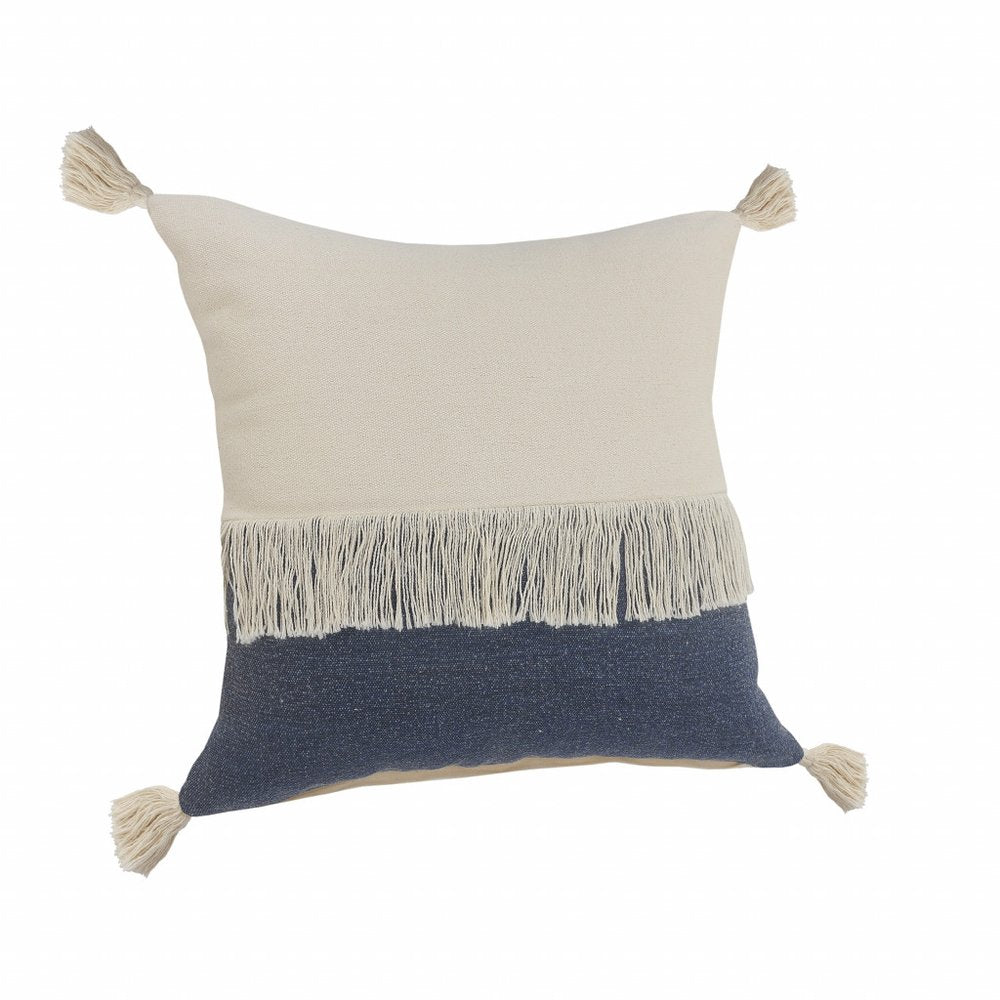 20" Emerald And White Cotton Color Block Throw Pillow with Fringe And Tassels