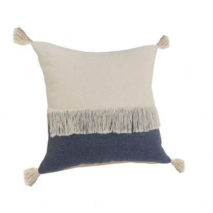 20" Emerald And White Cotton Color Block Throw Pillow with Fringe And Tassels