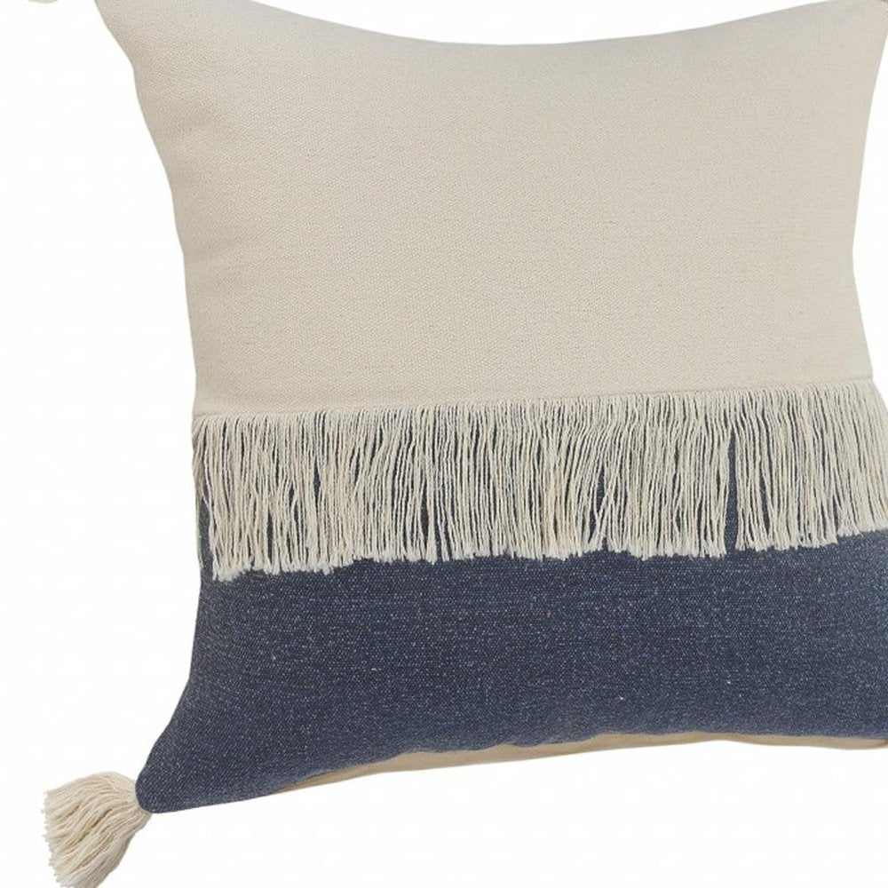 20" Emerald And White Cotton Color Block Throw Pillow with Fringe And Tassels
