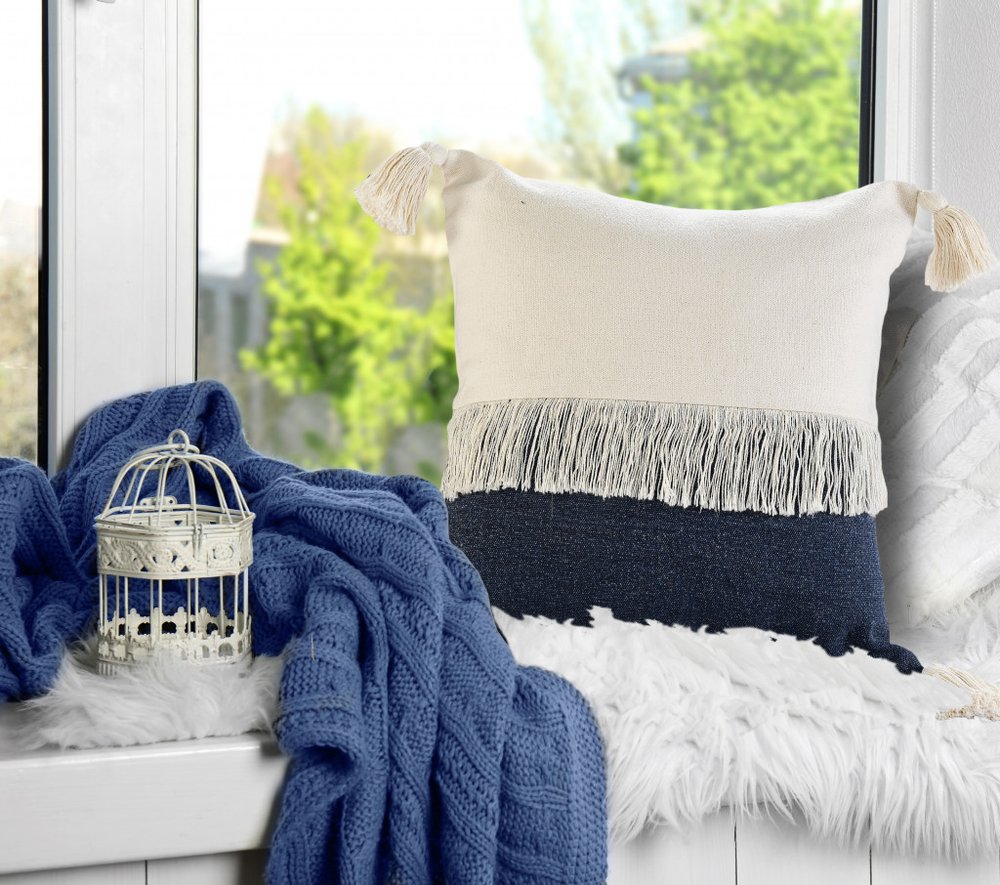 20" X 20" Orange And Off-White 100% Cotton Zippered Pillow