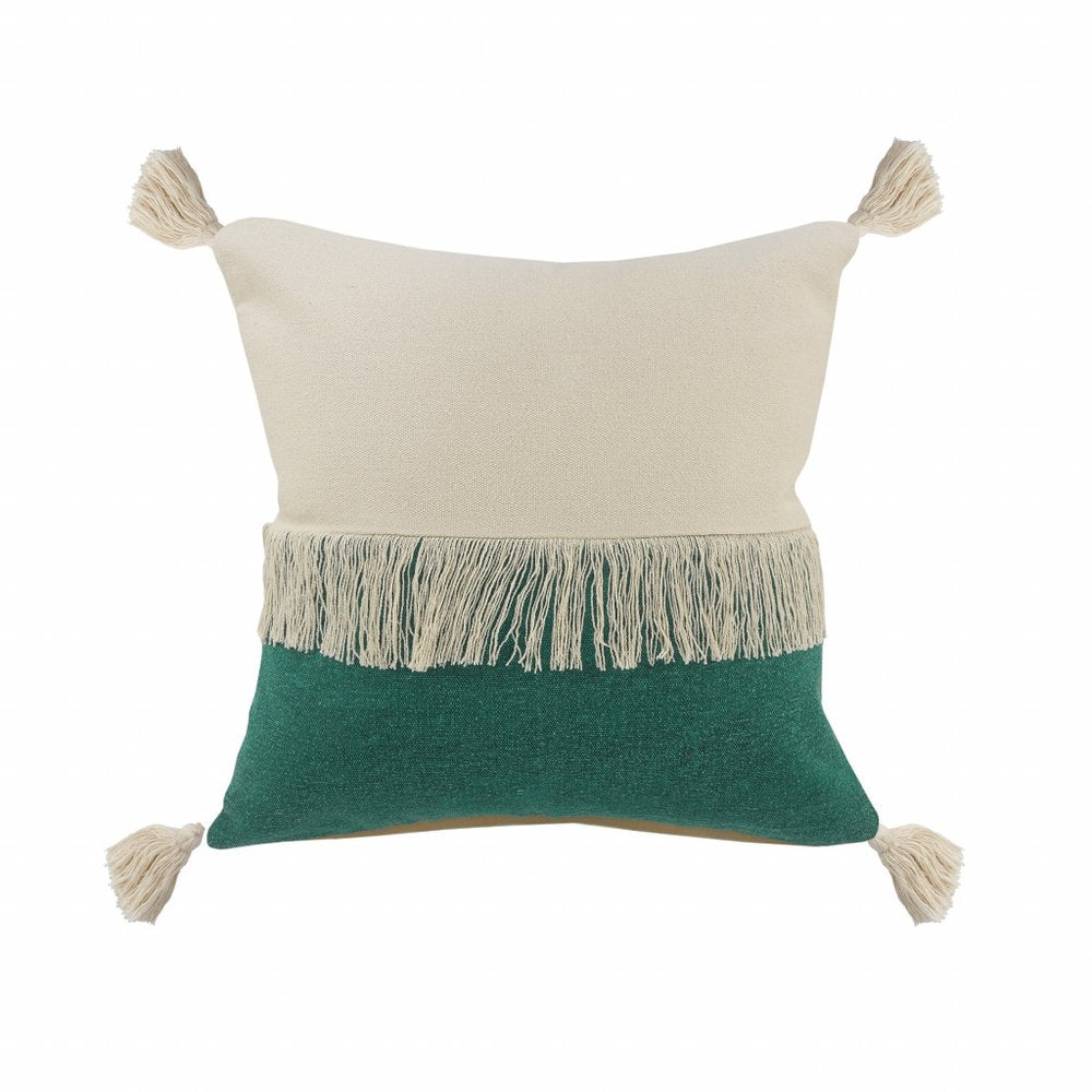 20" Emerald And White Cotton Color Block Throw Pillow with Fringe And Tassels