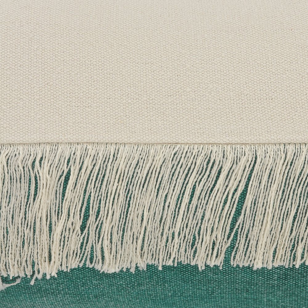 20" Emerald And White Cotton Color Block Throw Pillow with Fringe And Tassels