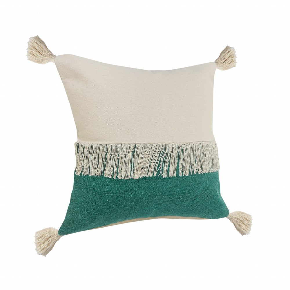 20" x 20" Red and Off White 100% Cotton Pillow With Tassels