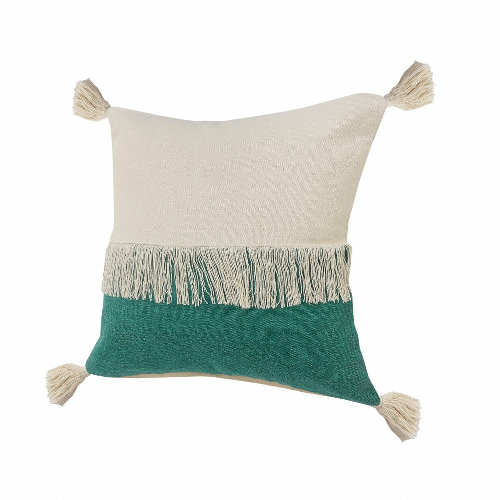 20" x 20" Red and Off White 100% Cotton Pillow With Tassels
