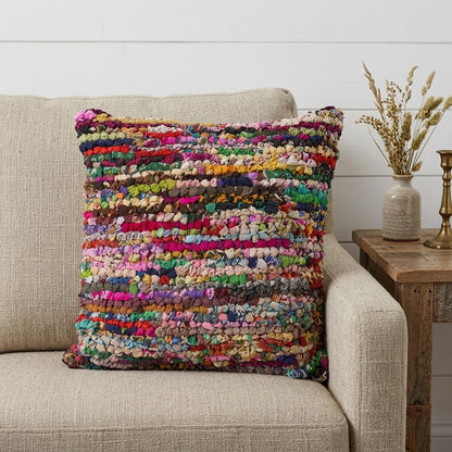 26" X 26" Red Green Blue Yellow Orange And Pink Natural Striped Zippered Pillow