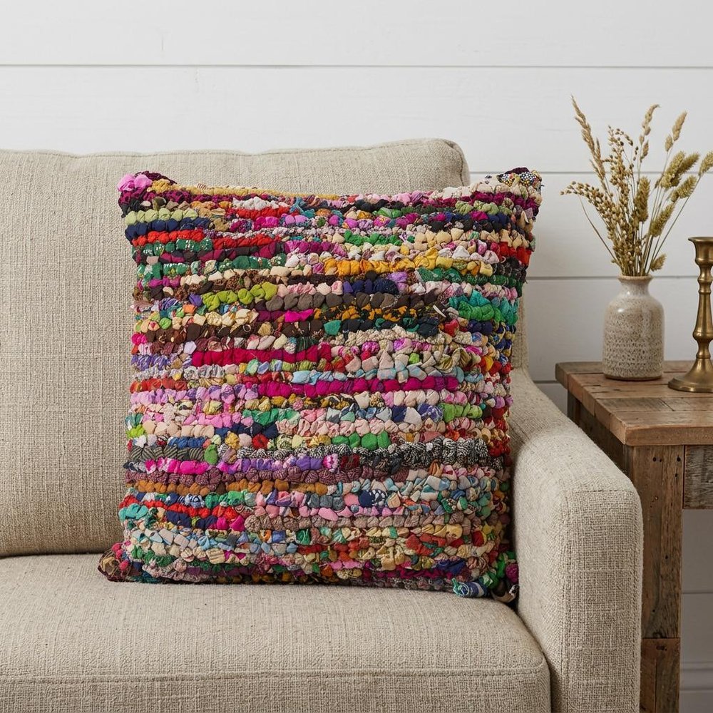 26" X 26" Red Green Blue Yellow Orange And Pink Natural Striped Zippered Pillow