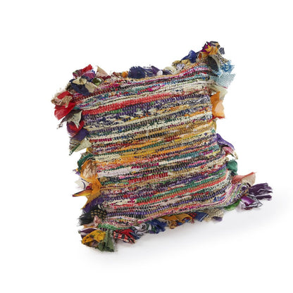18" Blue And Red Weave Cotton Throw Pillow with Fringe