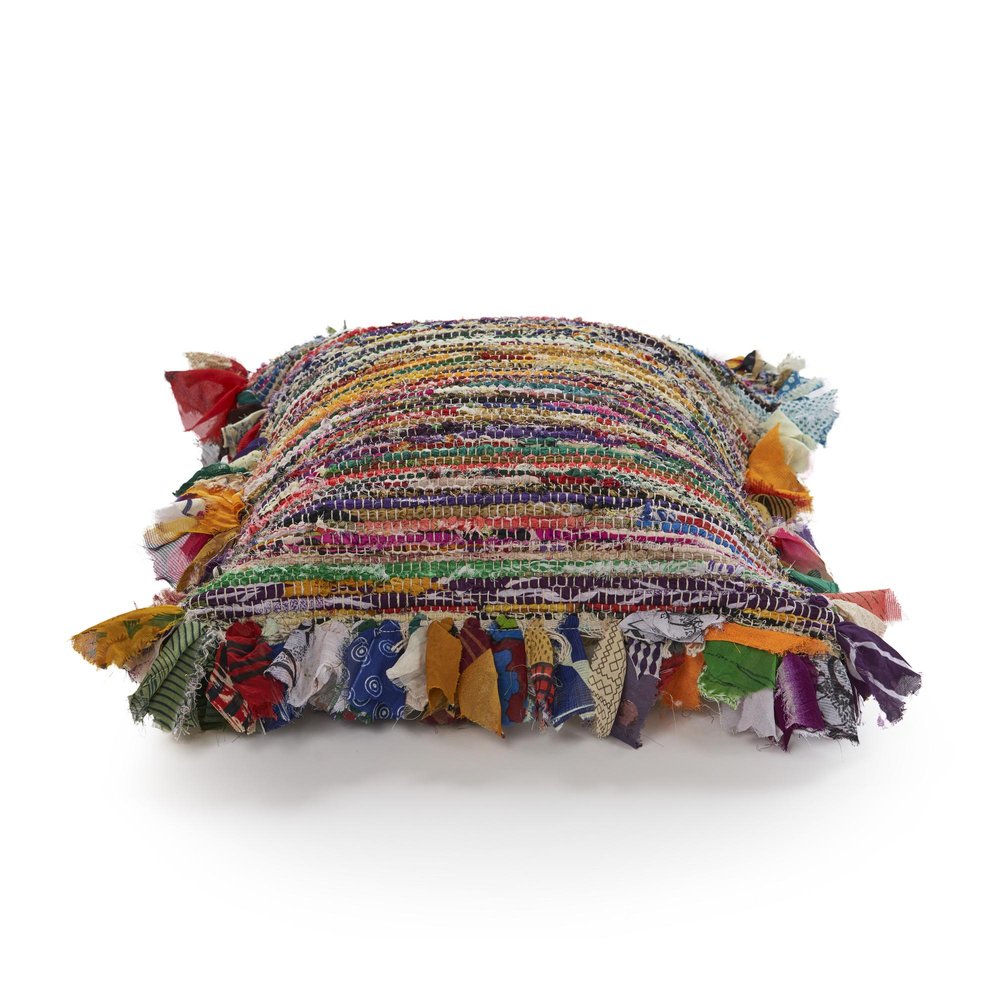 18" Blue And Red Weave Cotton Throw Pillow with Fringe