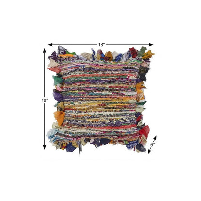 18" Blue And Red Weave Cotton Throw Pillow with Fringe