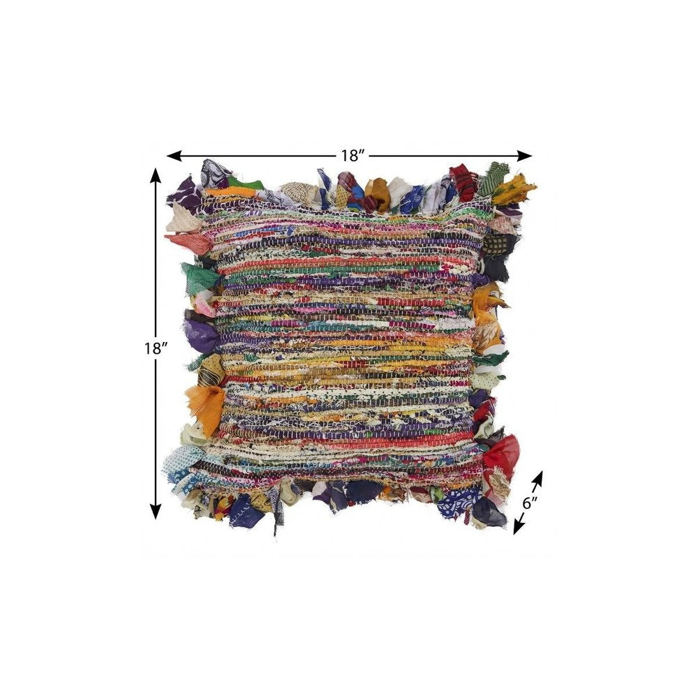 18" Blue And Red Weave Cotton Throw Pillow with Fringe