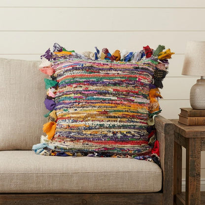 18" Blue And Red Weave Cotton Throw Pillow with Fringe
