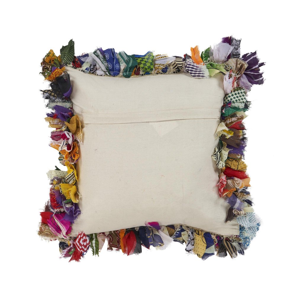 18" Blue And Red Weave Cotton Throw Pillow with Fringe