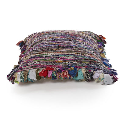 18" Blue And Red Weave Cotton Throw Pillow with Fringe