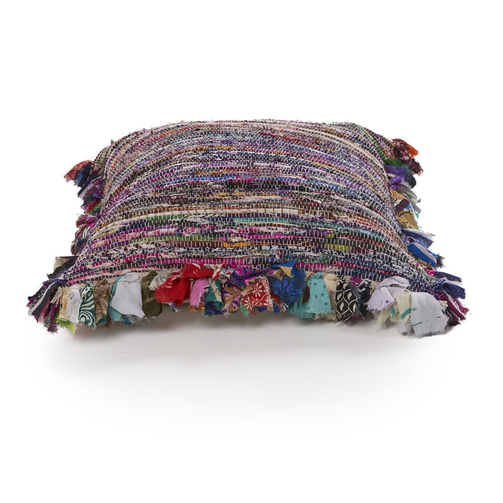 18" Blue And Red Weave Cotton Throw Pillow with Fringe