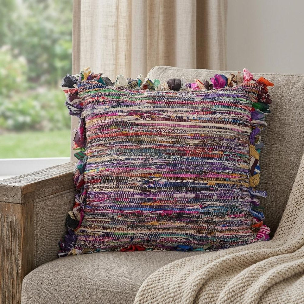 18" Blue And Red Weave Cotton Throw Pillow with Fringe