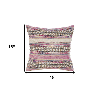 18" X 18" Pink and Ivory Striped Cotton Blend Zippered Pillow