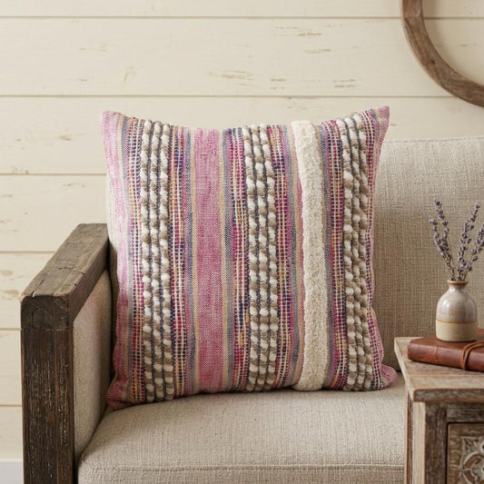 18" Pink And Ivory Striped Cotton Blend Throw Pillow