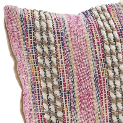 18" Pink And Ivory Striped Cotton Blend Throw Pillow