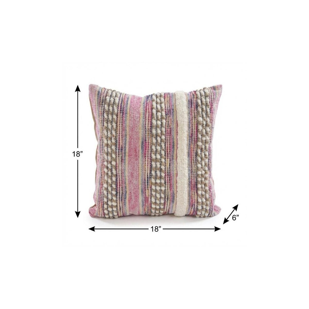 18" Pink And Ivory Striped Cotton Blend Throw Pillow