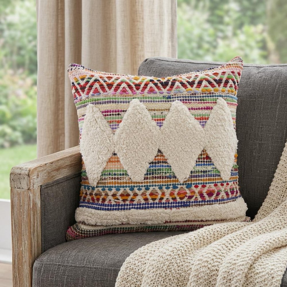 18" Blue And White Diamond Cotton Throw Pillow