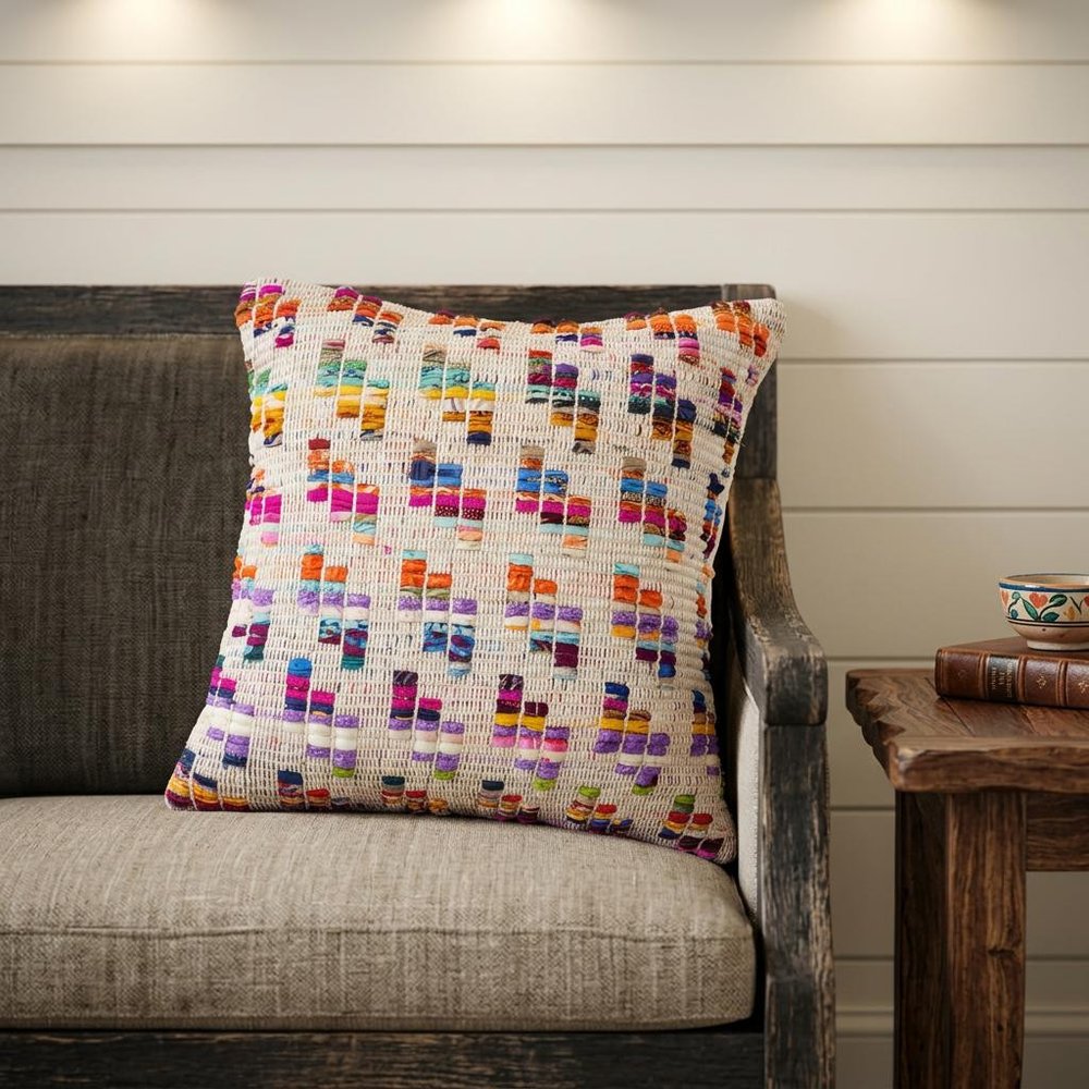 20" X 20" Beige Red Green Blue Yellow Orange And Pink 100% Cotton Geometric Zippered Pillow