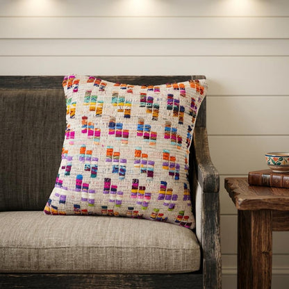 20" X 20" Beige Red Green Blue Yellow Orange And Pink 100% Cotton Geometric Zippered Pillow