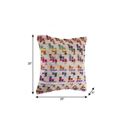 20" X 20" Beige Red Green Blue Yellow Orange And Pink 100% Cotton Geometric Zippered Pillow