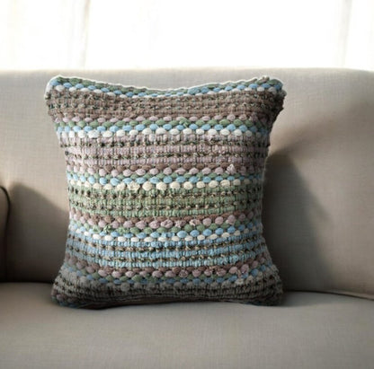 18" Blue And Green Cotton Striped Throw Pillow
