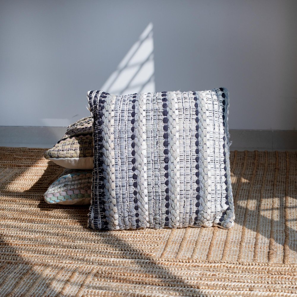 18" Blue And Green Cotton Striped Throw Pillow