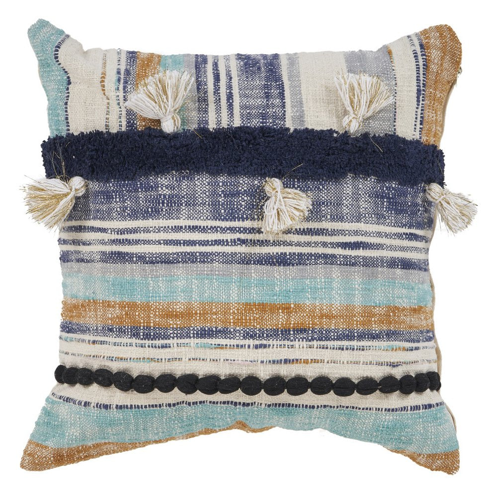 18" Blue and Beige Throw Pillow with Tassels