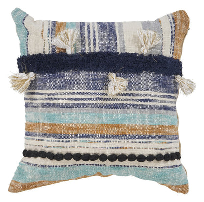 18" Blue and Beige Throw Pillow with Tassels