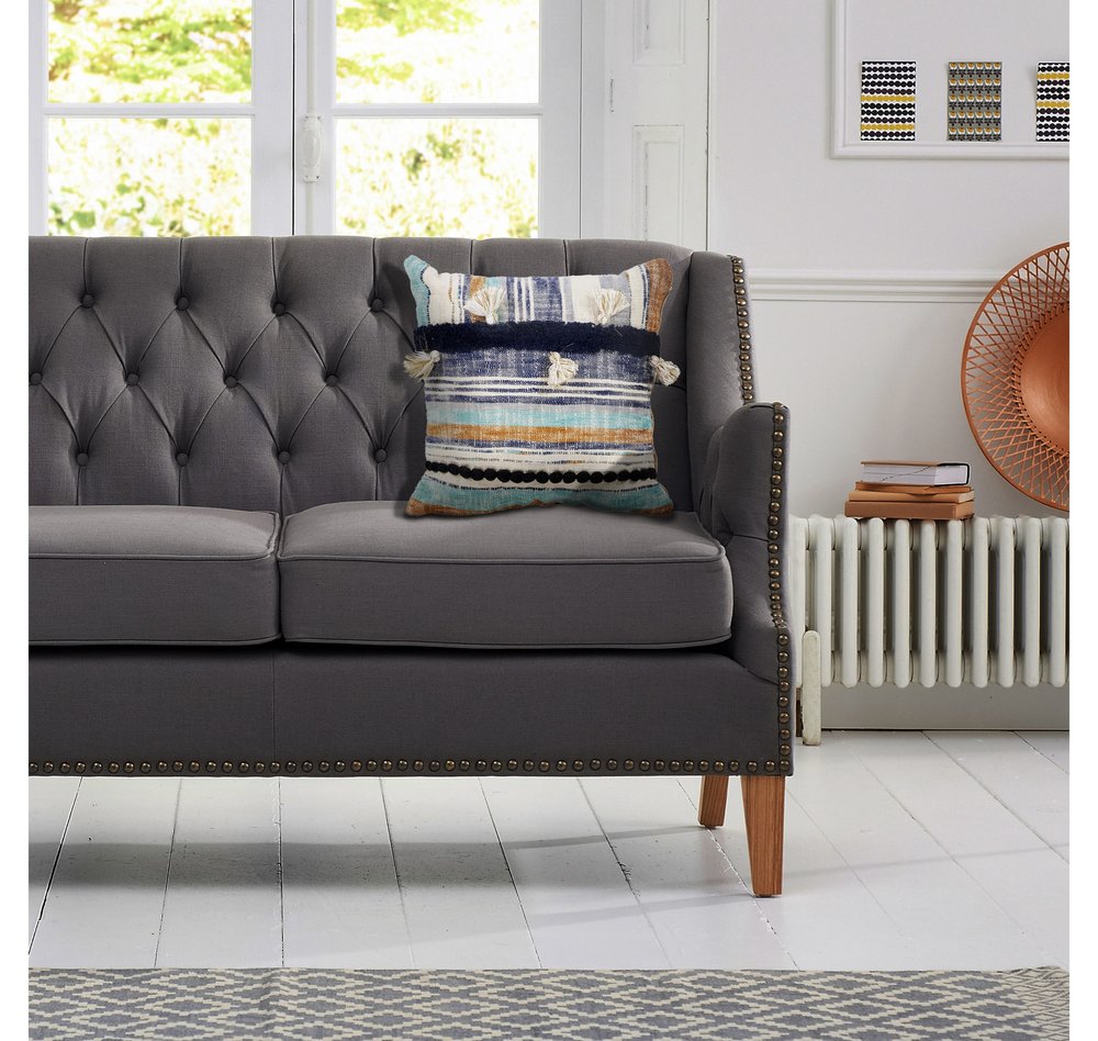 18" Blue and Beige Throw Pillow with Tassels