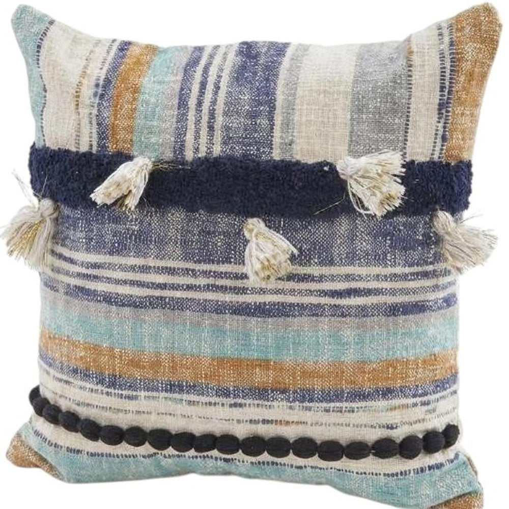 18" Blue and Beige Throw Pillow with Tassels