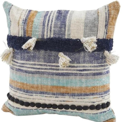 18" Blue and Beige Throw Pillow with Tassels