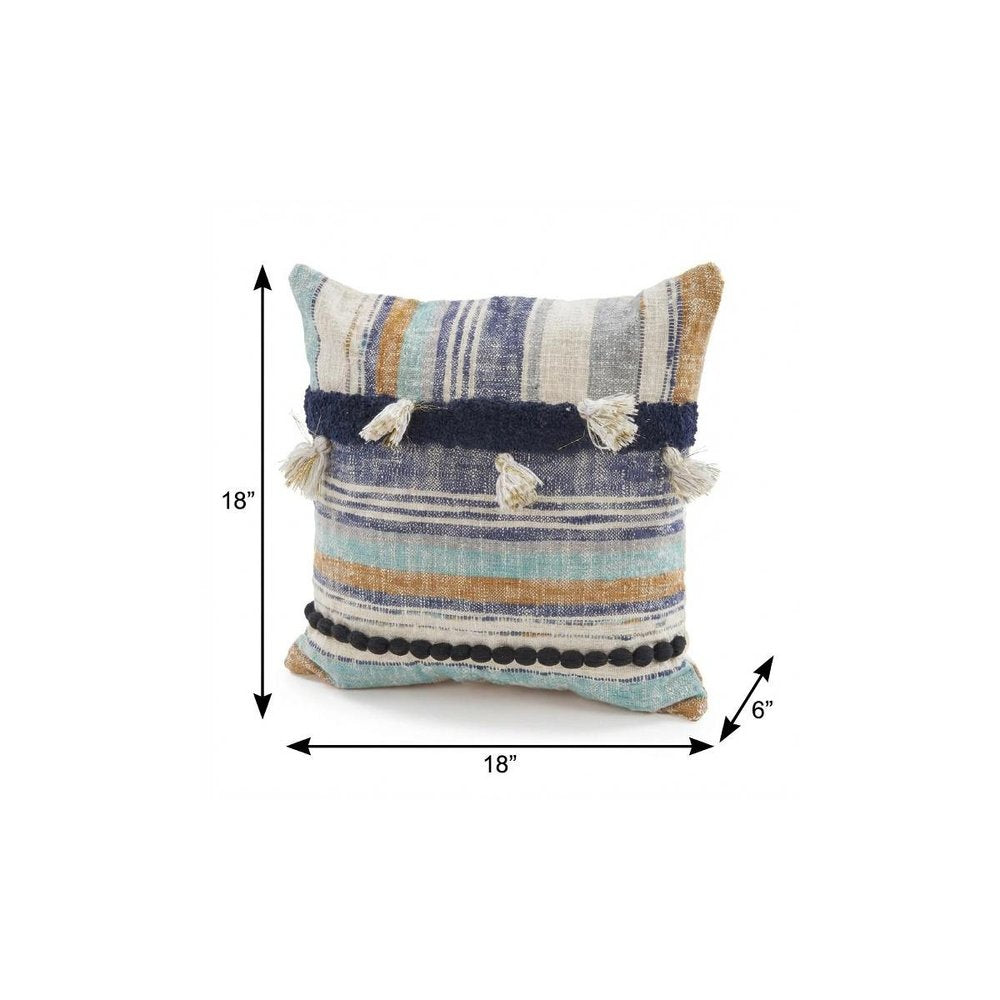 18" Blue and Beige Throw Pillow with Tassels