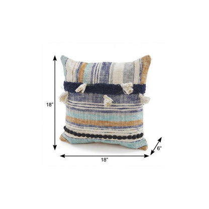 18" Blue and Beige Throw Pillow with Tassels