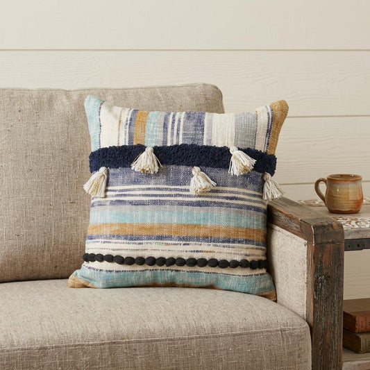 18" Blue and Beige Throw Pillow with Tassels