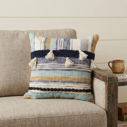 18" Blue and Beige Throw Pillow with Tassels