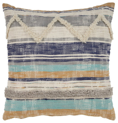 18" Beige Blue and Gray Throw Pillow