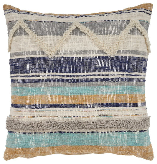 18" Beige Blue and Gray Throw Pillow
