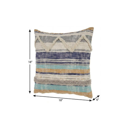 18" Beige Blue and Gray Throw Pillow