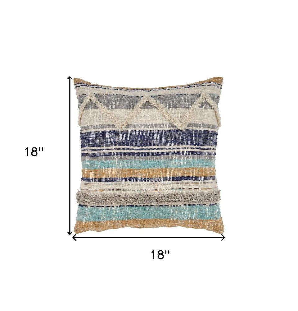 18" Beige Blue and Gray Throw Pillow